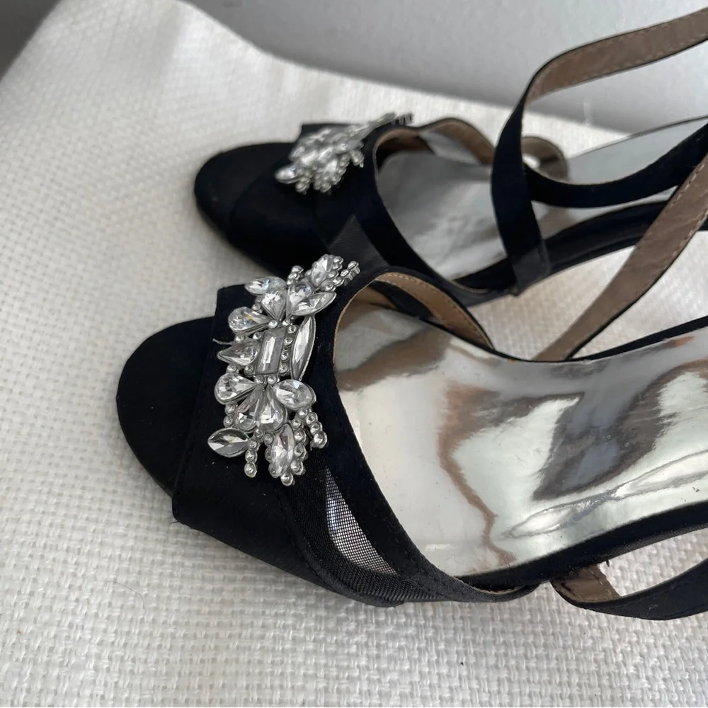 Badgley Mischka Black Strappy Heels with Crystal Accents - Picture 5 of 9